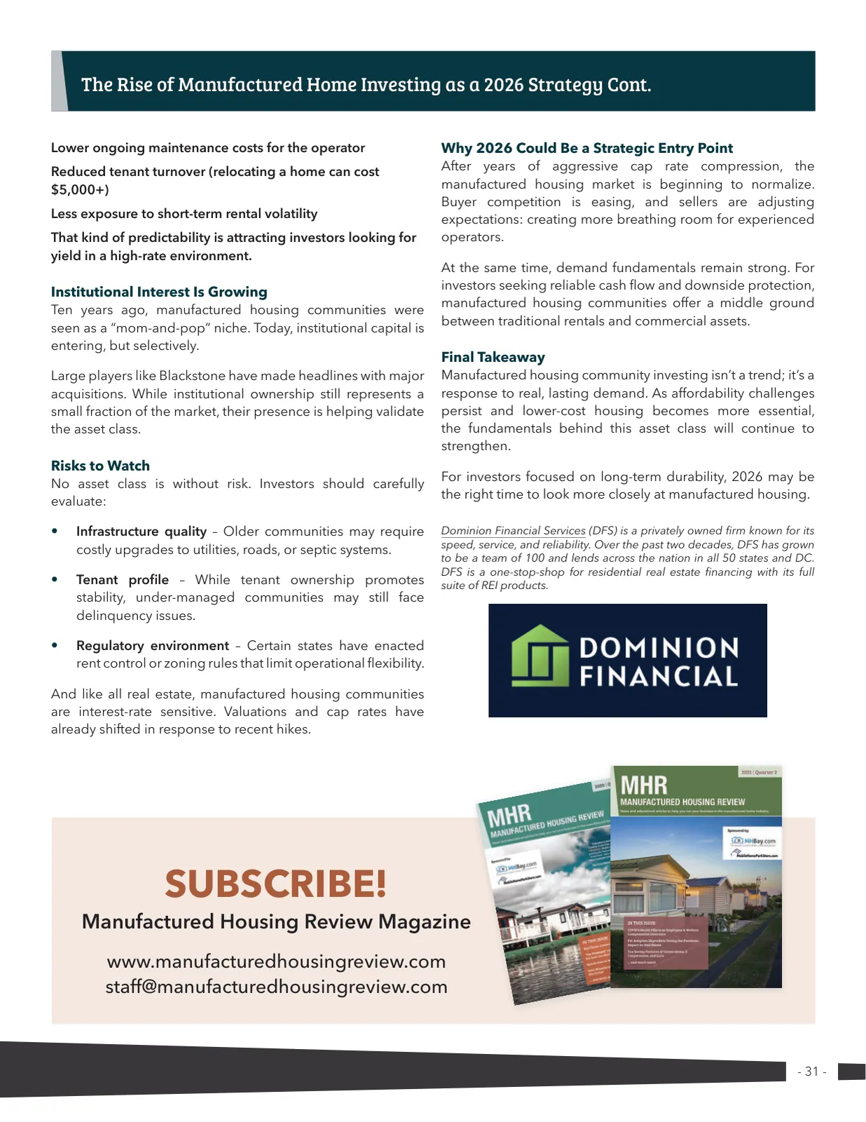 Page 31 of Manufactured Housing Review 2026 Q1