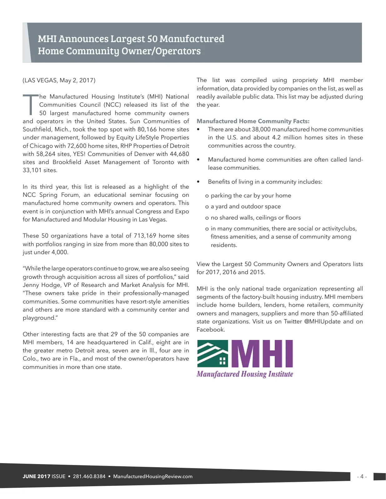 Page 4 of Manufactured Housing Review June 2017