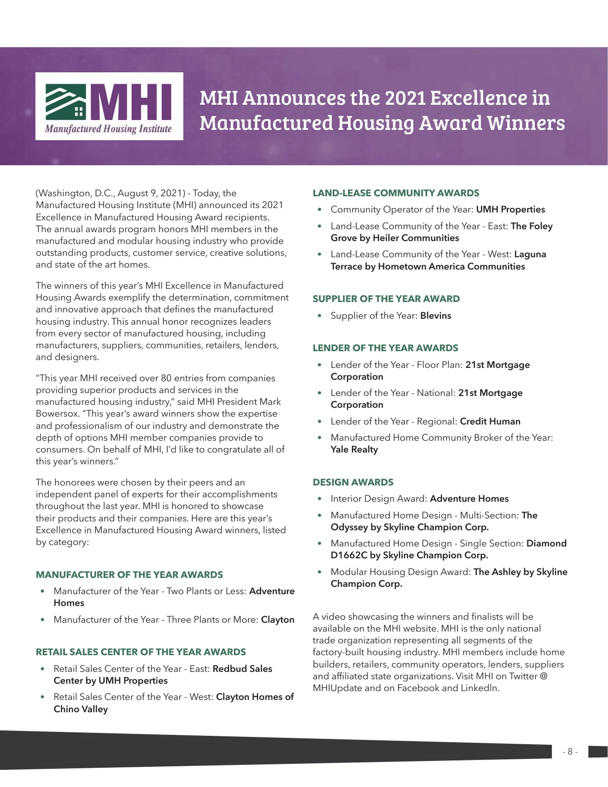 Page 8 of Manufactured Housing Review 2021 Q3